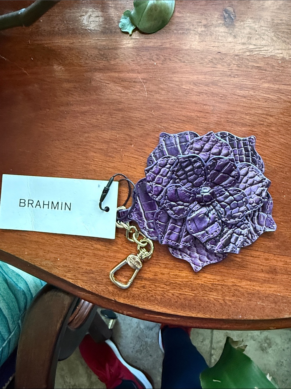 Brahmin Violet Croc-Embossed Floral Leather Key Charm